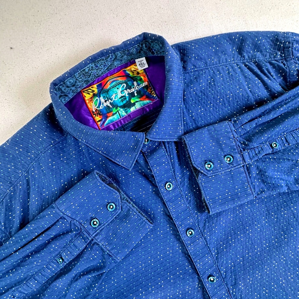 Robert Graham Mens 4XL Blue Dobby Micro Dot Button Down Shirt Classic Fit Buddha